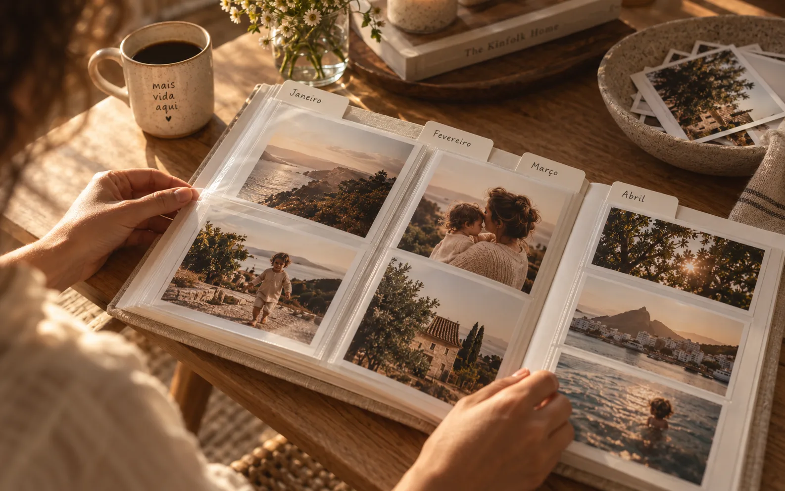 Álbum aberto sobre a mesa com divisórias mensais visíveis (Janeiro, Fevereiro, Março, Abril) e mãos folheando as fotos impressas