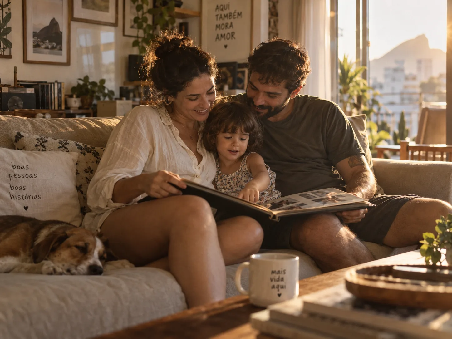 Família no sofá, com o cachorro ao lado, olhando o álbum de fotos juntos no fim de tarde