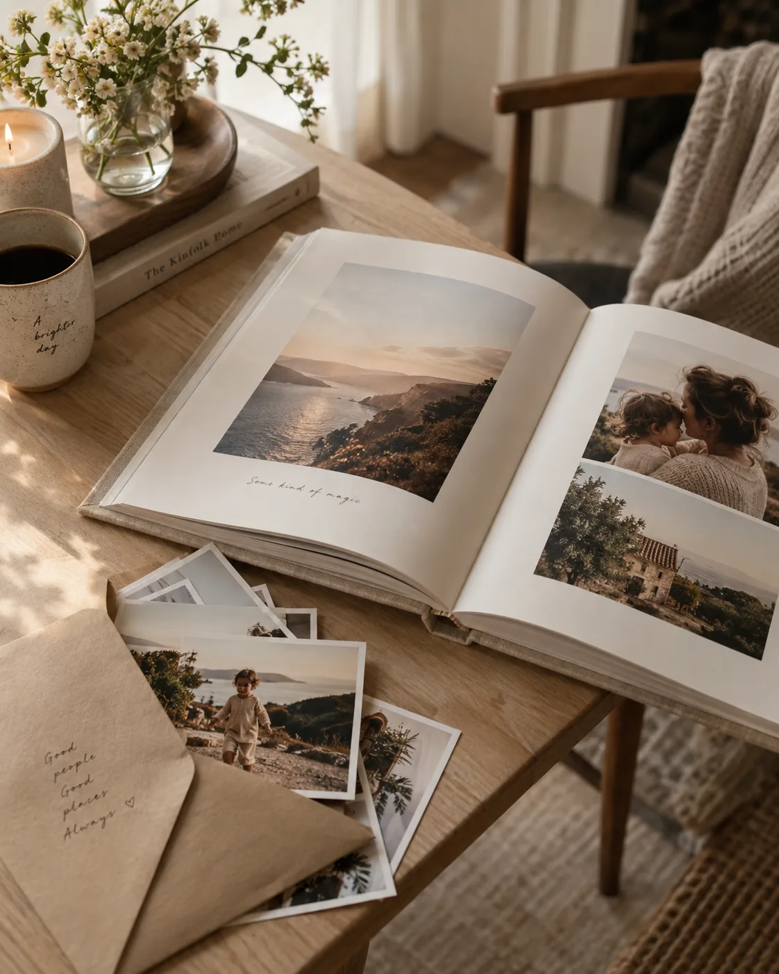 Álbum físico Nosso Retrato aberto sobre a mesa, ao lado de um envelope kraft com fotos impressas espalhadas, luz natural de fim de tarde