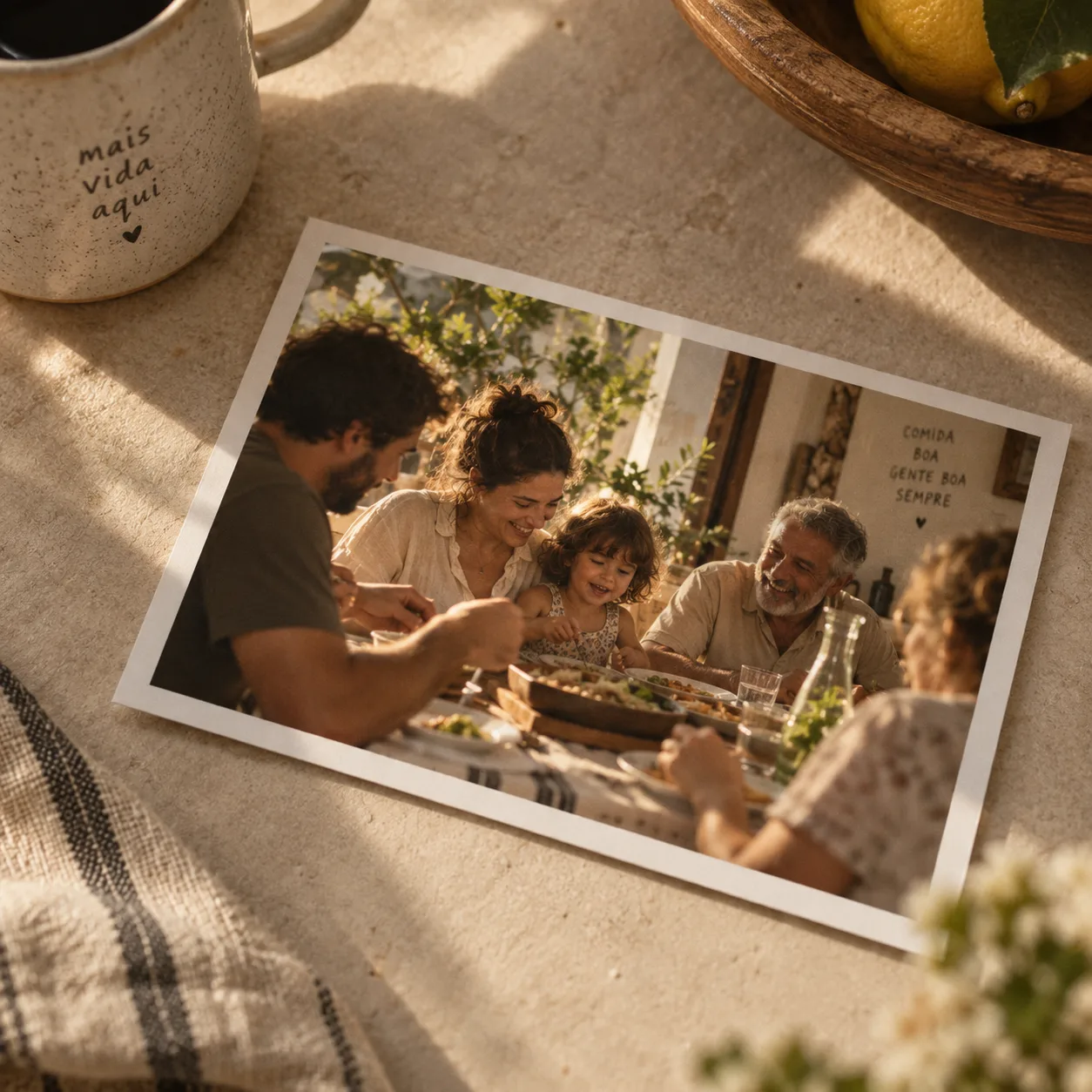 Foto impressa de uma família reunida à mesa para o jantar