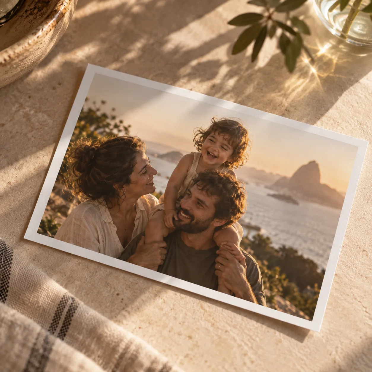 Foto impressa de uma família no alto do Rio de Janeiro, com o Pão de Açúcar ao fundo