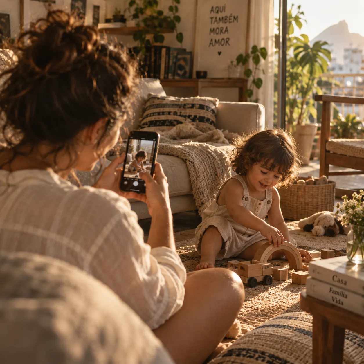 Mãe fotografando a filha pequena brincando com brinquedos de madeira na sala, luz natural de fim de tarde